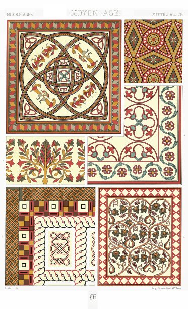 中世纪-高卢罗马和罗马人物的马赛克(6个图案)，彩色装饰1886年。图片下载