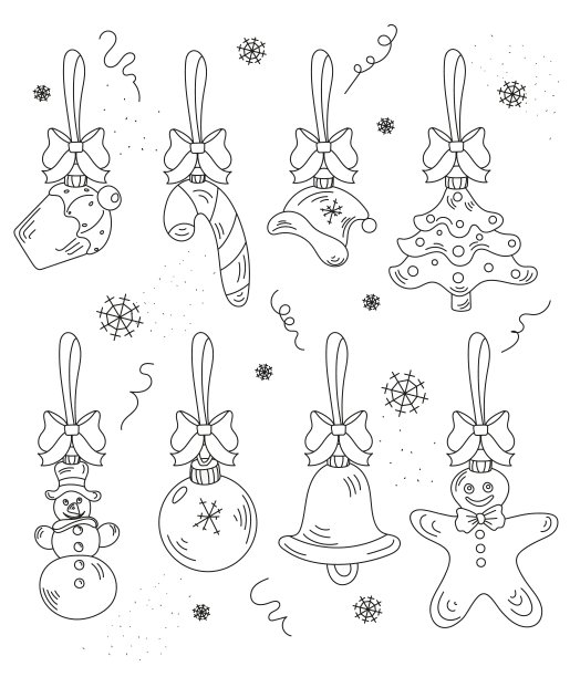矢量涂鸦集圣诞树装饰项目，黑线在白色背景图片下载