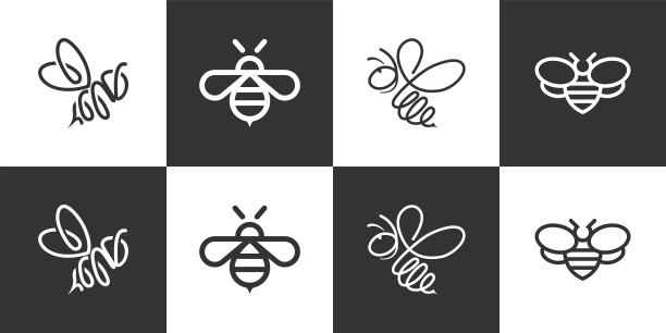 集合蜜蜂标志图标线风格矢量。图片下载