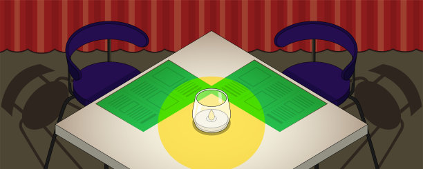 两人用餐的餐桌和椅子。燃烧的蜡烛和菜单。矢量彩色插画的平面风格。咖啡厅、餐厅或酒吧的内部。图片下载