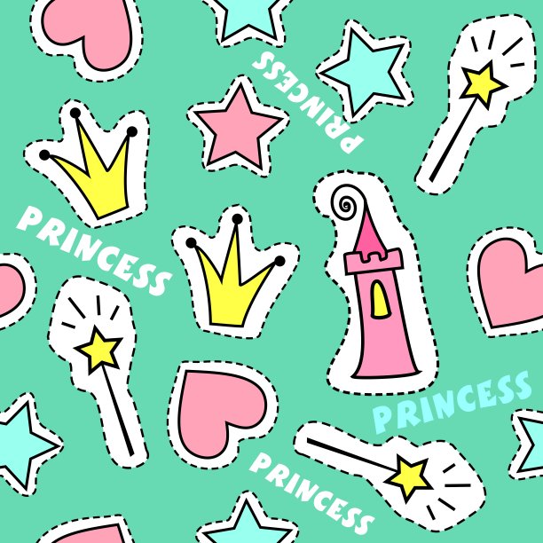 无缝公主图案。酷时髦的绿松石图案的女孩。矢量插图冠心魔术叶魔术棒星绿松石背景。酷酷的女孩派对图片下载