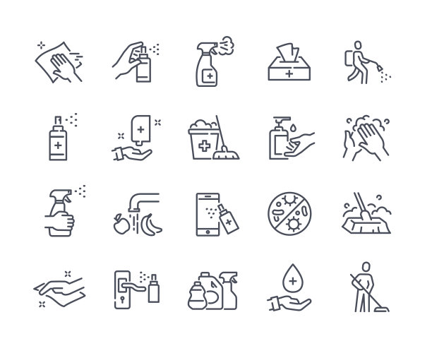 一套与清洁和消毒有关的简单图标图片下载