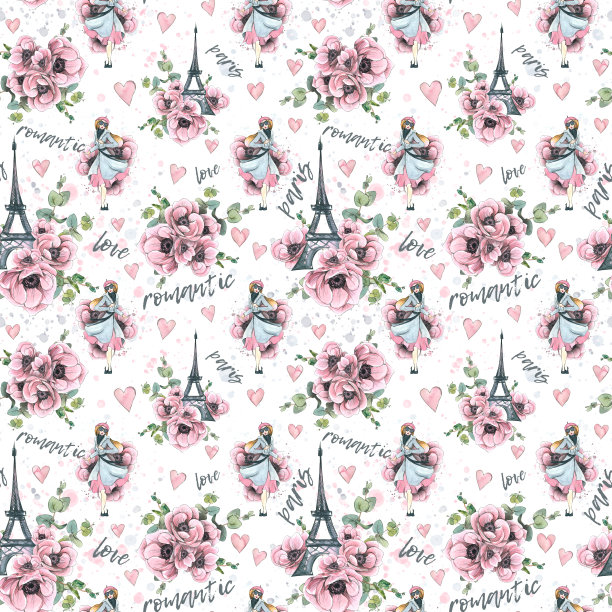 埃菲尔铁塔和巴黎女子穿着海葵花，上面有粉红色的心和题字。素描风格的水彩插图与图形元素。无缝模式从巴黎大集图片下载