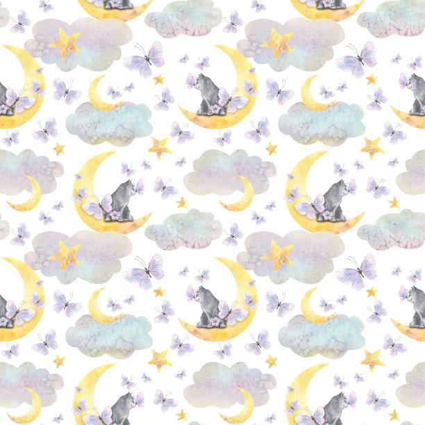 可爱的灰色小猫坐在云层中的月亮上，星星和淡紫色的蝴蝶在空中飞舞。儿童，水彩插图。无缝模式。用于织物，墙纸，封面图片下载