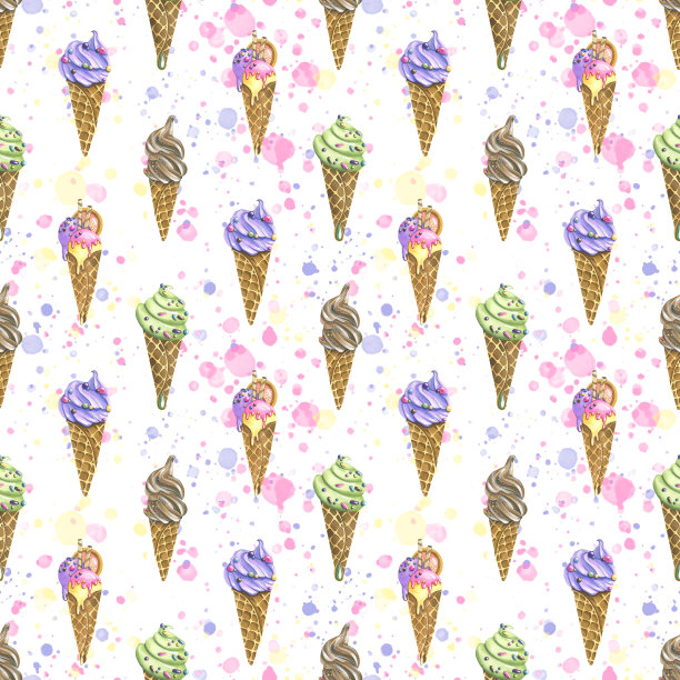 华夫蛋筒配冰淇淋，白色背景上有颜料的飞溅。水彩插图。无缝模式从一套大冰淇淋。用于面料、纺织品、包装纸、广告。图片下载