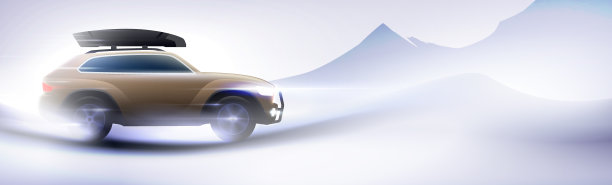 SUV汽车撞击在一个全景冬季山脉背景与货物运输箱的屋顶。汽车旅行，极限越野冒险横横幅矢量插画图片下载