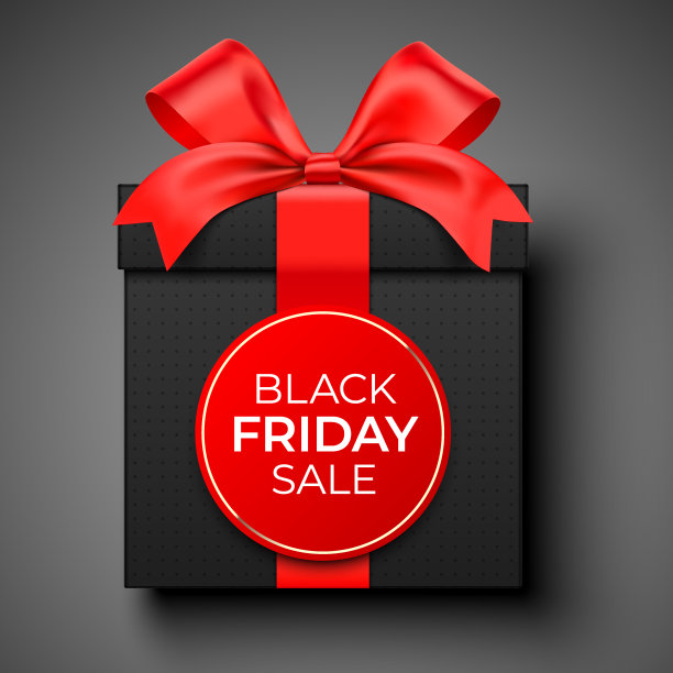 黑色星期五礼品卡矢量设计，与高档风格的现实礼盒包装与红色缎带和圆形标签图片下载