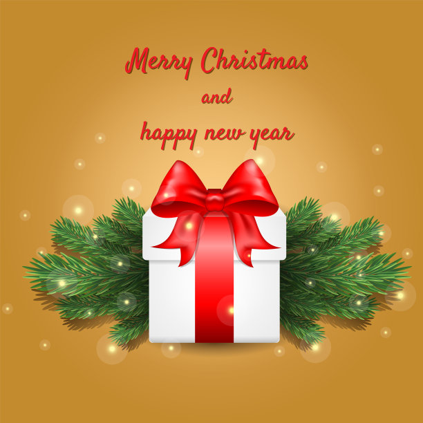 一棵云杉树和一个带红蝴蝶结的礼品盒。文本模板，设计元素，复制的地方，明信片，社交网络，封面，横幅。新年和圣诞节。图片下载