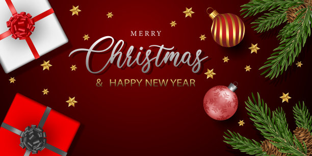 圣诞快乐，新年快乐绿色松叶金色银球星星礼盒上红色设计为节日庆祝背景向量图片下载