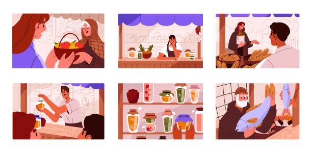 当地农贸市场。小贩在摊位，柜台，出售新鲜的有机产品，水果，蜂蜜，鱼和面包。售卖天然食物的售货亭。平面矢量图图片下载