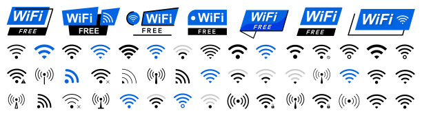 免费wifi图标设置。远程访问和无线电波通信符号。免费wifi标志套装。互联网连接符号。无线区域。现代UI网站导航。矢量图图片下载