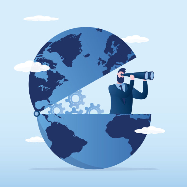 世界经济愿景。自信的商人坐在地球仪上，用双筒望远镜观察。全球招聘。国际商务、投资或工作机会。图片下载