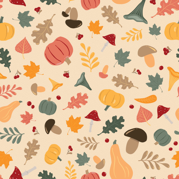 矢量无缝重复模式与秋天的树叶，蘑菇，南瓜，浆果图片下载
