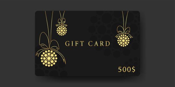 圣诞礼品卡，500美元。金色圣诞球，文字，黑色背景上的黑色图案。个人sertificate。优雅的矢量插图券，优惠券，折扣。图片下载