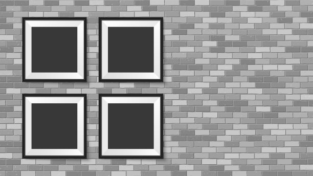 墙上的画框。相框模型。简单的空框架为您的业务设计。砖墙。矢量模板的图片，绘画，海报，字母或照片画廊。图片下载