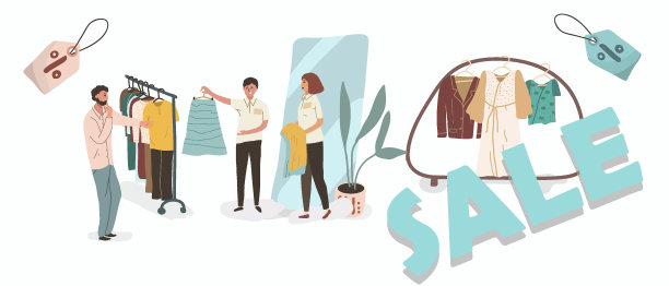 矢量插图一个男人选衣服，买家人物漫画。友好的销售顾问会提供帮助。衣架，橱窗，货物。消费主义，服装销售。素材图片