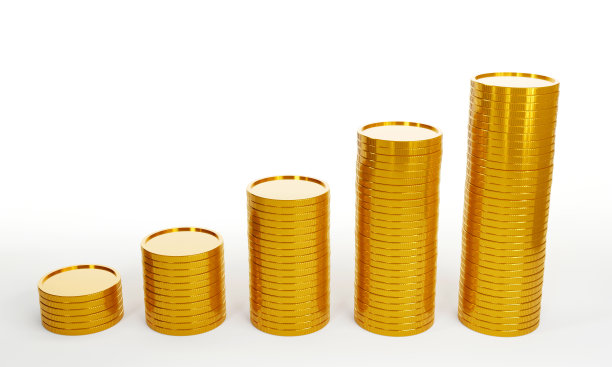 3D渲染增加列的金币在白色背景，储蓄的概念图片下载