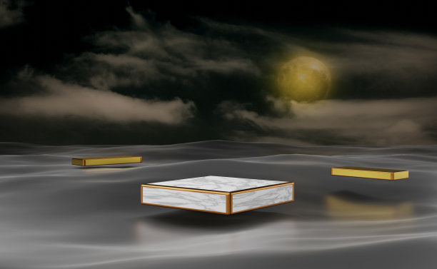 大理石讲台空与水面和夜空在灰色组成的现代舞台展示和极简主义的模型，抽象的橱窗背景，概念3d插图或3d渲染图片下载