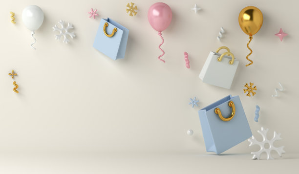 冬季大甩卖装饰背景与购物袋，气球，雪花，复制空间文字，3D渲染插图图片下载