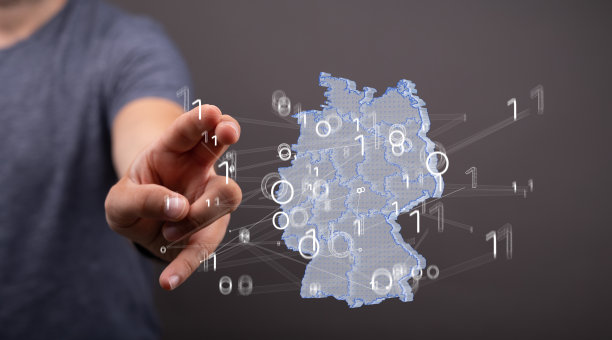 近距离的一个男人的手指触摸3D渲染虚拟德国土地地图数字图片下载