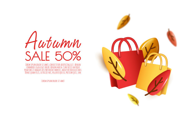 秋季销售背景与树叶，购物袋，复制空间文字。三维矢量插图图片下载