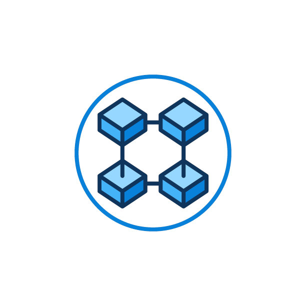 圆形与四个连接块现代图标。区块链技术矢量蓝色圆符号图片下载