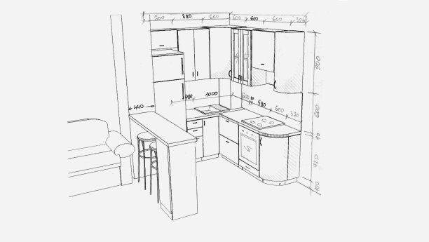 厨房家具的草图和尺寸图图片下载