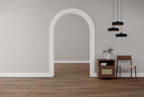 灰色拱形墙，配有木质橱柜和躺椅。图片下载