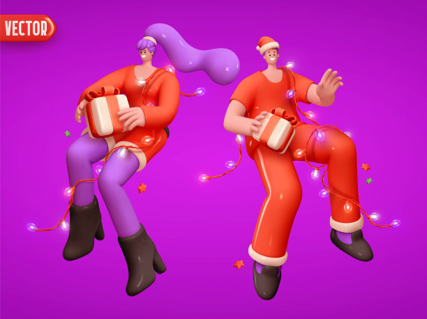 圣诞可爱的女孩和男人。一对年轻的男女幸福的微笑面对积极的情绪。孤独的假期新年卡通3d人物夫妇的年轻人。矢量图图片下载