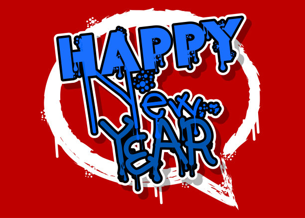 新年快乐。涂鸦标签，贺卡。摘要现代假日街头艺术装饰表现在城市绘画风格中。图片下载