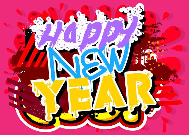 新年快乐。涂鸦标签，贺卡。摘要现代假日街头艺术装饰表现在城市绘画风格中。图片下载