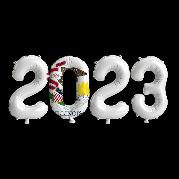 2023个气球在伊利诺斯州国旗颜色隔离在黑色背景的3d插图图片下载
