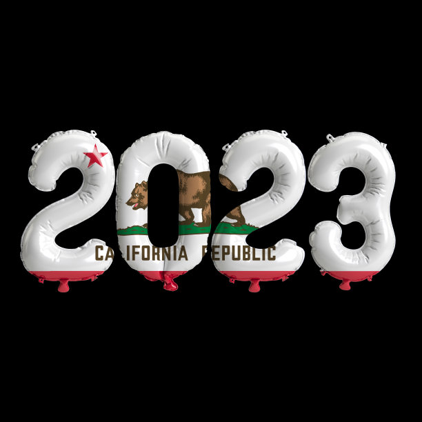3d插图的2023个气球在加州旗帜颜色隔离在黑色背景图片下载