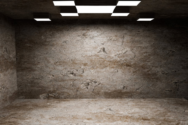 肮脏的地下室内饰有凹陷的顶灯。图片下载