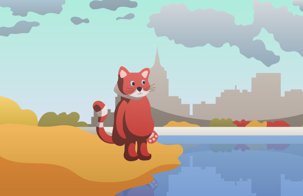 秋天的小熊猫在池塘边。一个可爱的动物站在公园附近的海岸上，城市的天际线映在水中，自然的接触和人的创造图片下载