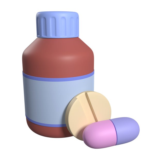 棕色玻璃瓶，白色底色，胶囊和药片。三维渲染图片下载