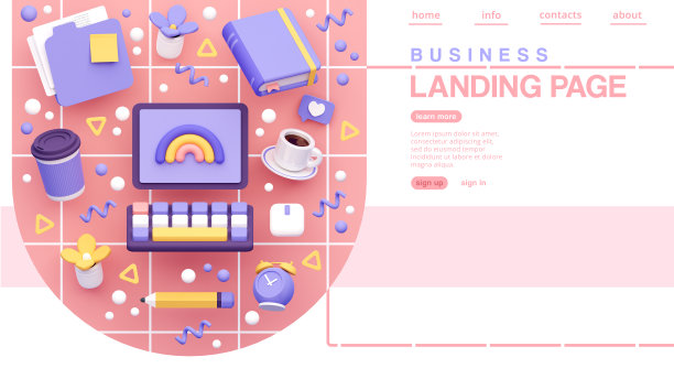 简单的登陆页面设计。粉红色背景上的学校用品的3D图标图片下载