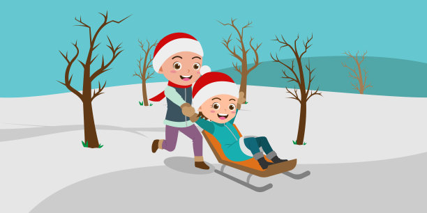 可爱的孩子在雪地里玩的卡通图片下载