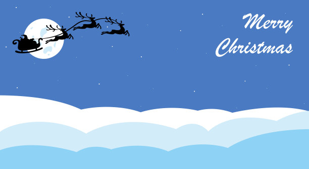 圣诞景观雪杉树夜和大月亮。圣诞快乐横幅。剪影圣诞老人在雪橇与鹿飞在星星背景图片下载