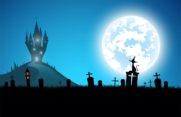 插图万圣节的节日背景，满月在黑暗的夜晚与黑猫在坟墓上，许多鬼和魔鬼步行到城堡庆祝万圣节的日子图片下载