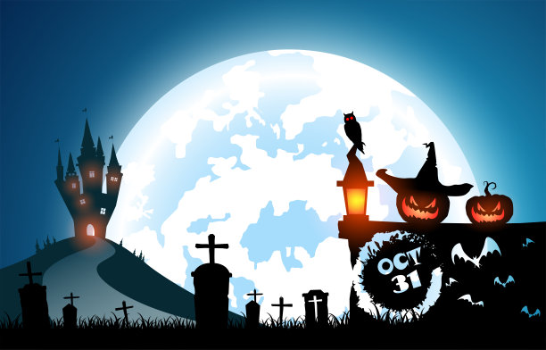 插图蓝色背景，节日万圣节的概念，满月在黑暗的夜晚与许多幽灵，稻草人，弗兰肯斯坦和魔鬼步行到城堡庆祝万圣节图片下载