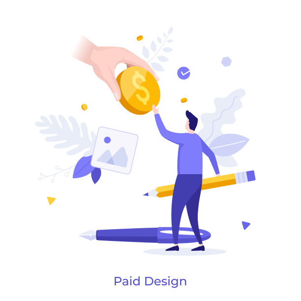 手给一美元硬币或付钱给拿铅笔的人。付费设计的概念，设计师或艺术家的收入或收入，艺术和创造性工作的报酬。现代平面矢量插图。图片下载