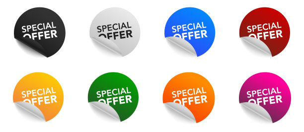 特惠圈贴纸套装。特别提供标签标签收集。矢量插图。广告打折标志。图片下载