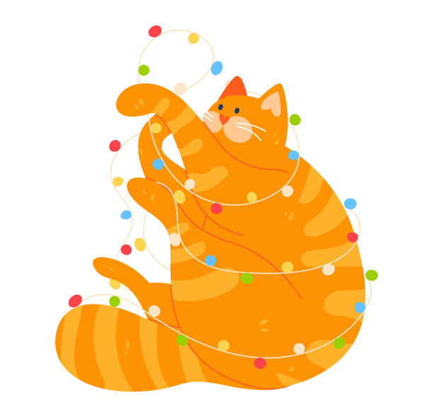 圣诞肥猫坐在地板上卡通矢量插图孤立的白色。节日猫咪有趣的宠物图片下载