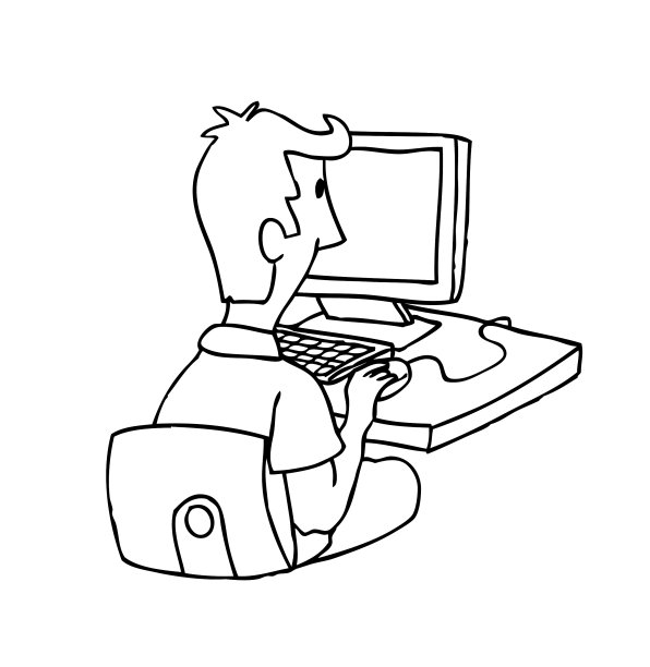 背面，背面的男人角色坐在他的桌子上，使用电脑。上班族。黑白卡通手绘风格矢量插图。图片下载