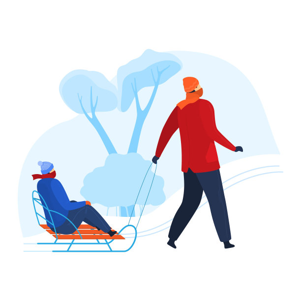 冬季圣诞趣味雪橇户外游戏人。冬天，滑冰，户外玩耍，活跃季节卡通风格矢量插画孤立在白色上图片下载