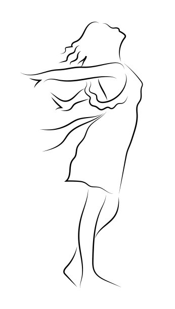 女人，女孩穿着裙子，摆着自由的姿势，在风中张开双臂。线条艺术黑色线条素描风格矢量插图。图片下载