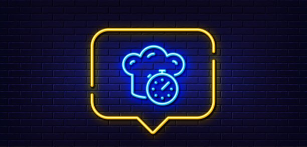 烹饪计时器线图标。油炸秒表标志。准备食物。霓虹灯说话泡泡。向量图片下载