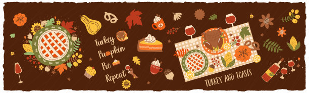 感恩节套餐。感恩节餐桌设置，节日餐桌与派，南瓜，火鸡，葡萄酒，花卉元素的贺卡，朋友邀请，海报画在矢量插图图片下载