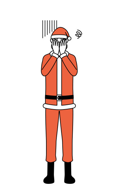 简单的线条插画，一个男人打扮成圣诞老人掩盖他的脸在抑郁。图片下载